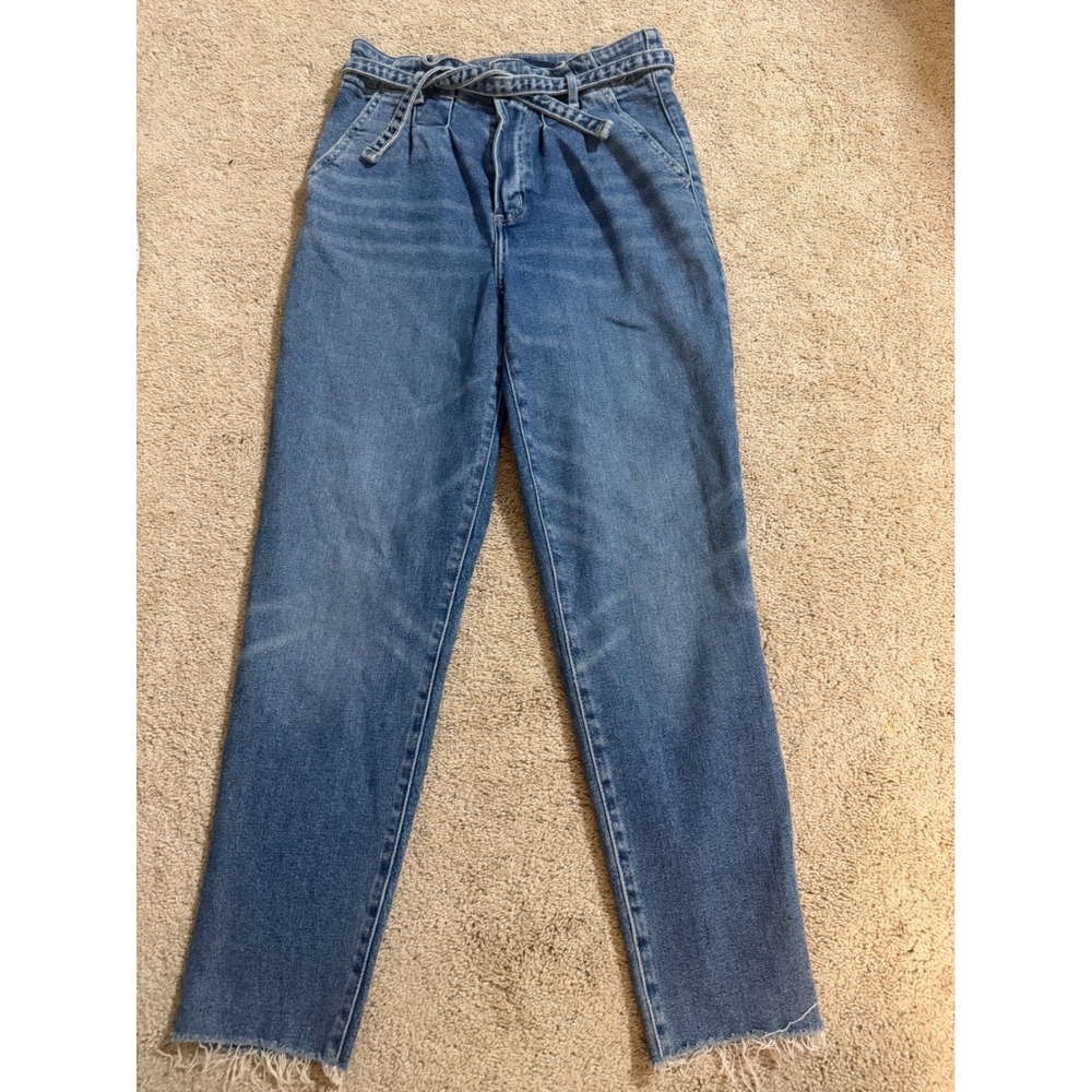 Hollister High Rise Paperbag‎ Mom Jeans Medium Wash Blue Raw Hem 5R W27 L27